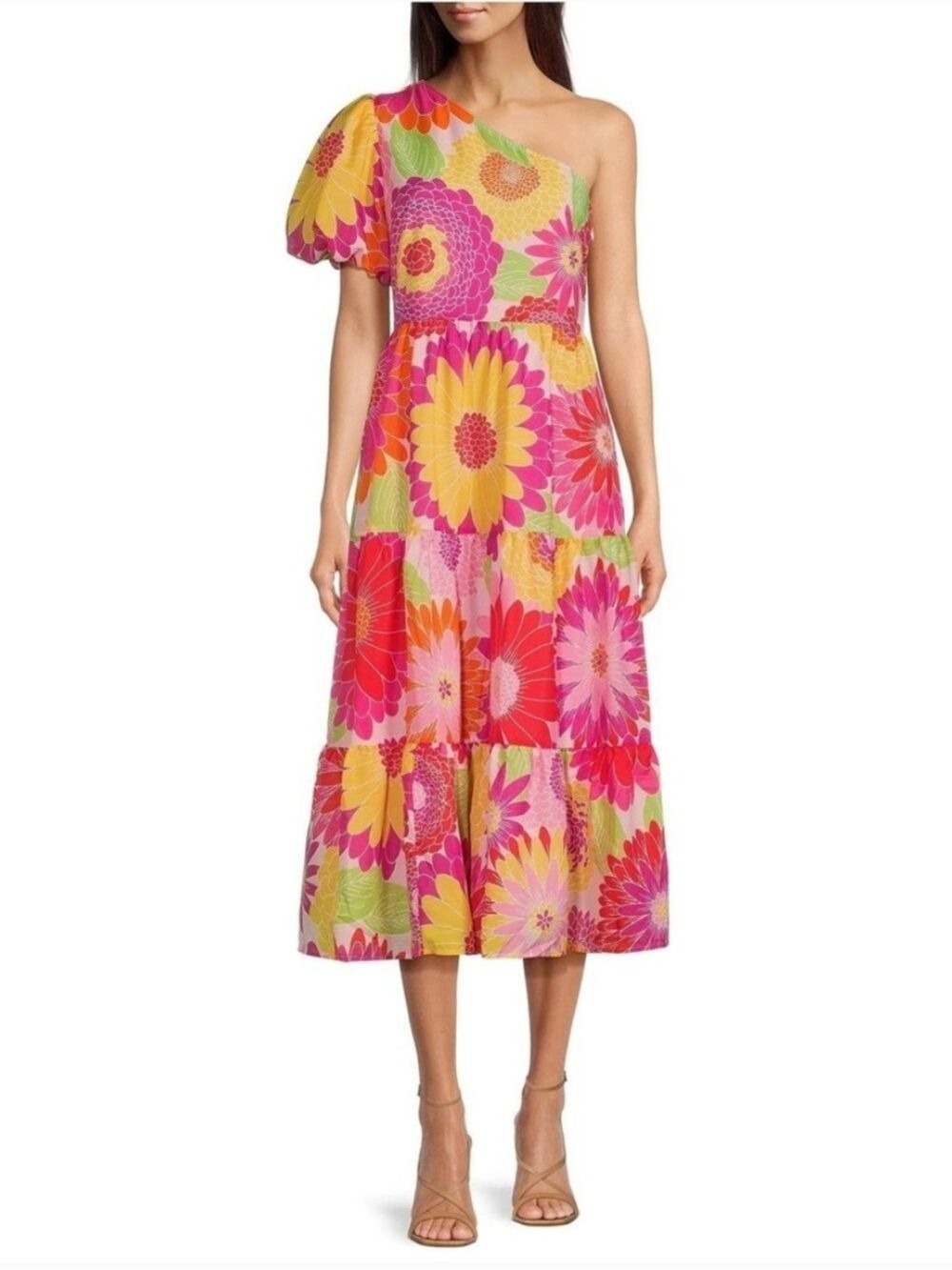 J. Marie Leilani Pink Floral One Shoulder Midi Dress Large